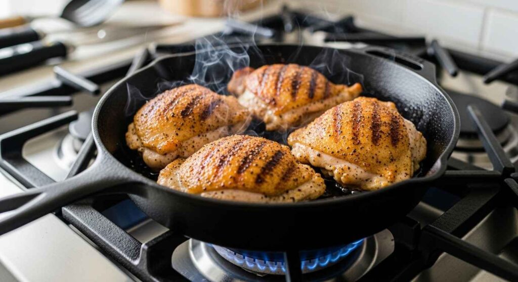 Spiced chicken thighs cooking in pan