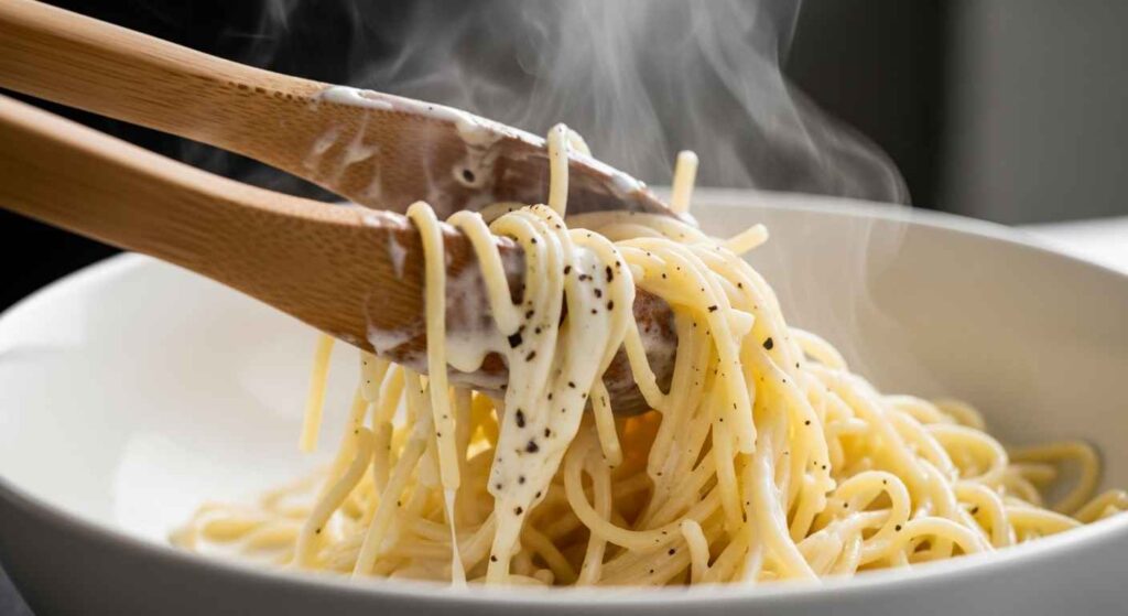 Step of mixing spaghetti cacio e pepe in a bowl with tongs.