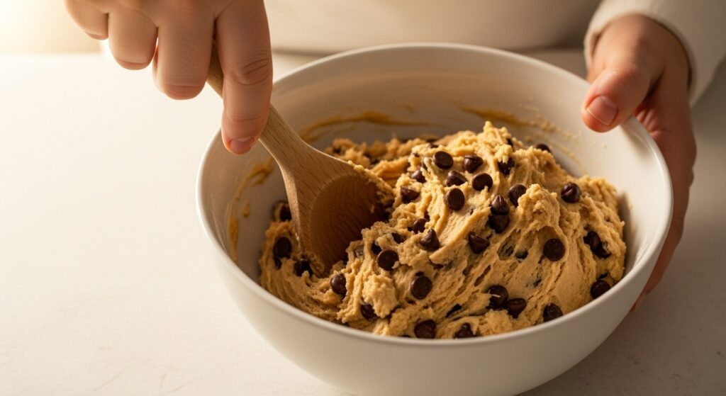 Hand mixing edible cookie dough in a bowl with a spoon.