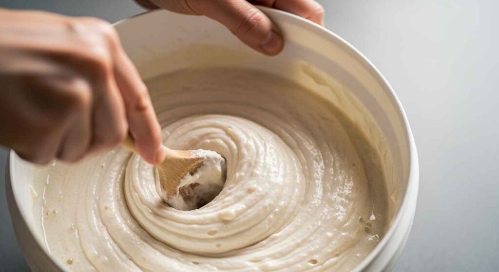 Hand stirring laundry detergent ingredients in a white bucket with a wooden spoon.