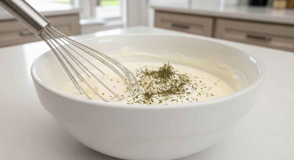 Bowl with mayonnaise, sour cream, and herbs being mixed.