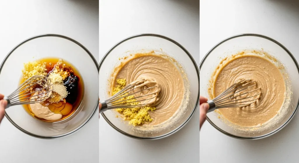 Hands whisking sesame ginger dressing ingredients in a glass bowl.