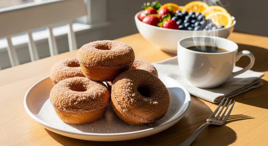 Brunch table with cinnamon sugar donut muffins, coffee, and fruit.