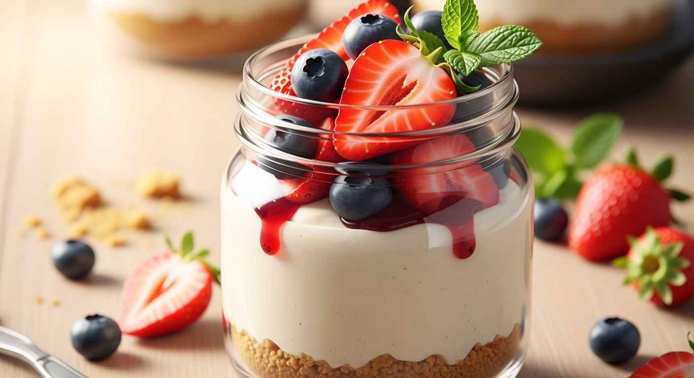 Layered no-bake cheesecake dessert in mason jar with berry toppings.