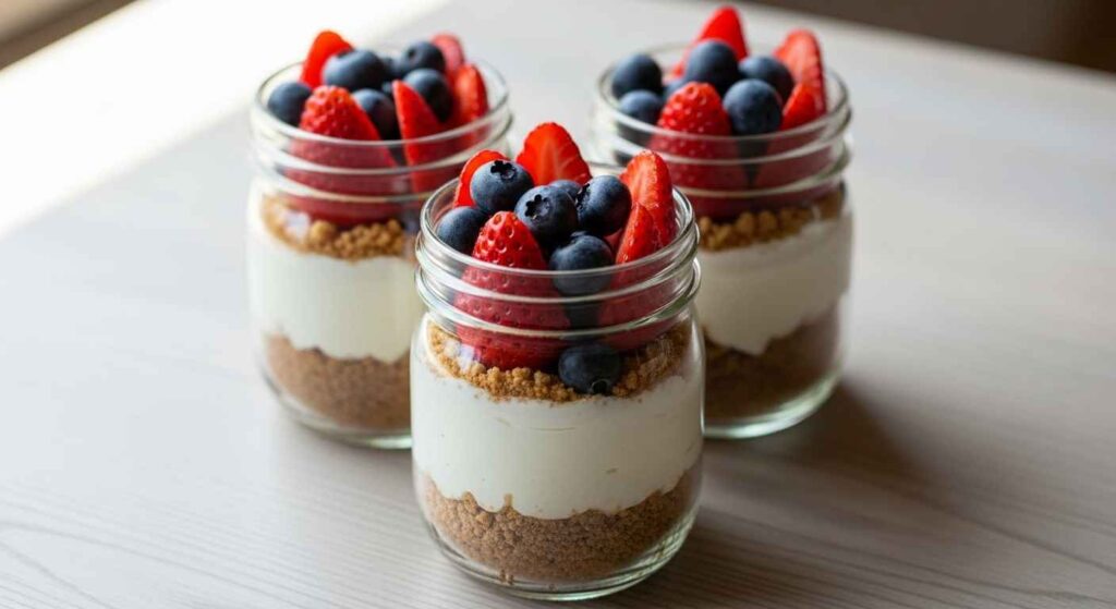 Glass jars filled with layered no-bake cheesecake and red berries.