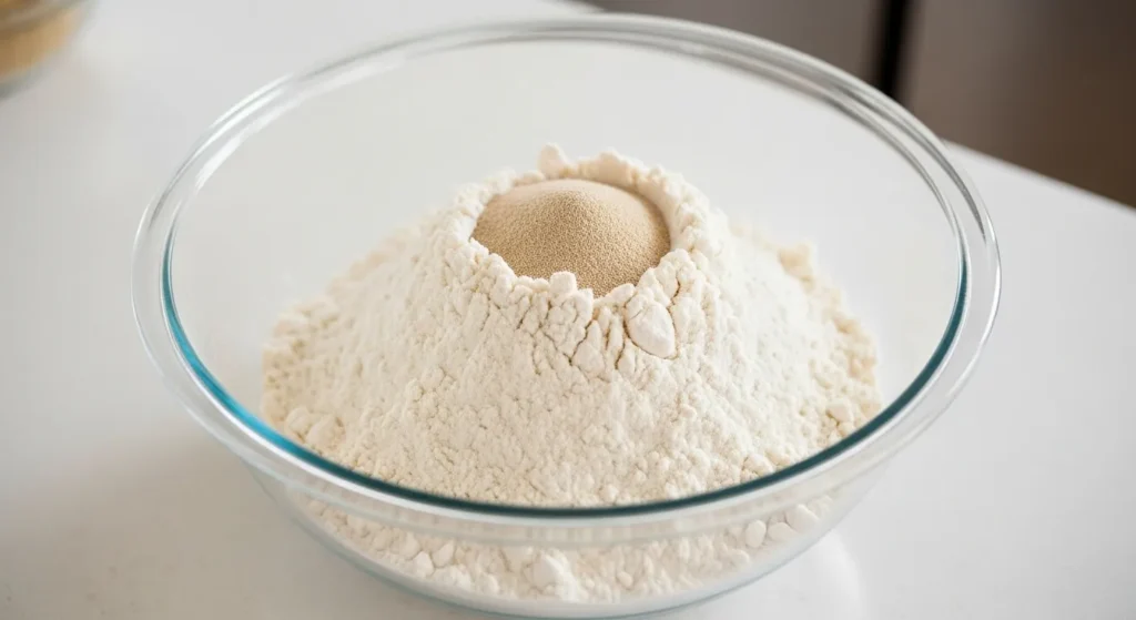 Sequence of dough mixing, rising, and baked loaf.