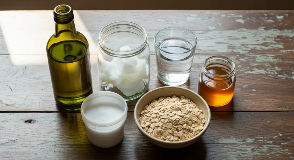 Olive oil, coconut oil, lye, water, oatmeal, and honey on a wooden table.