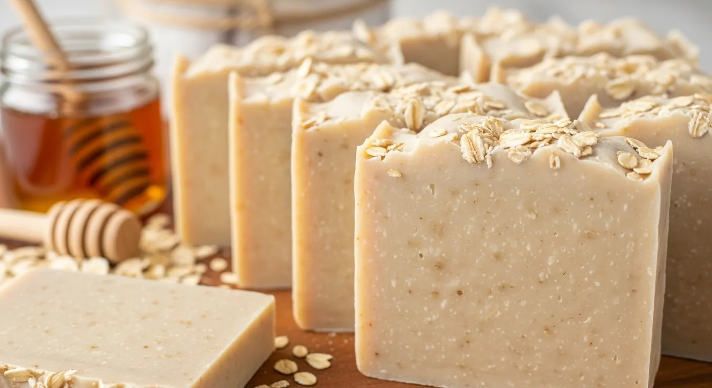 Close-up of oatmeal honey soap bars on a wooden surface with honey and oats