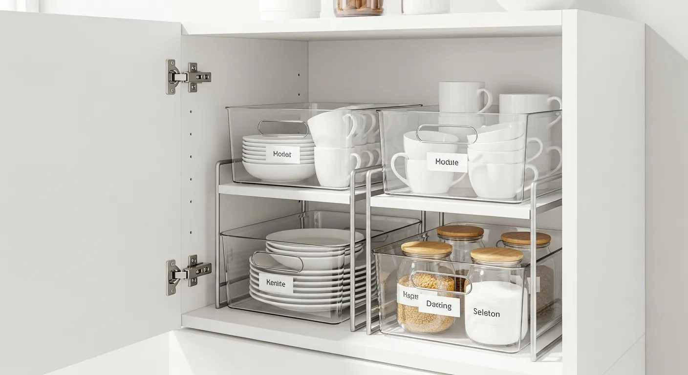 Small kitchen cabinet organized with clear bins and shelf risers