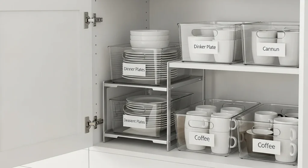 Small kitchen cabinet organized with clear bins and shelf risers