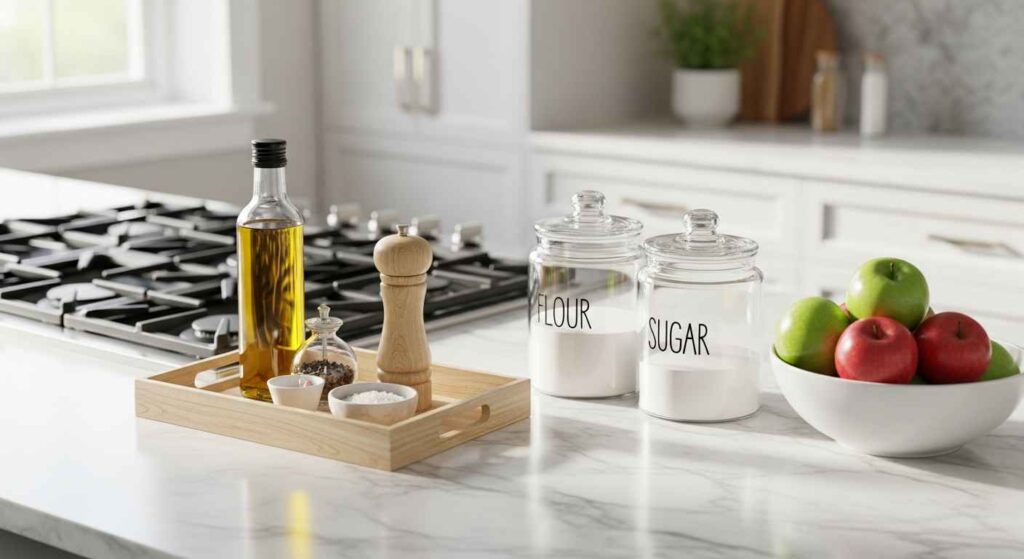 Modern kitchen counter with clear canisters, a wooden tray, and minimal appliances.