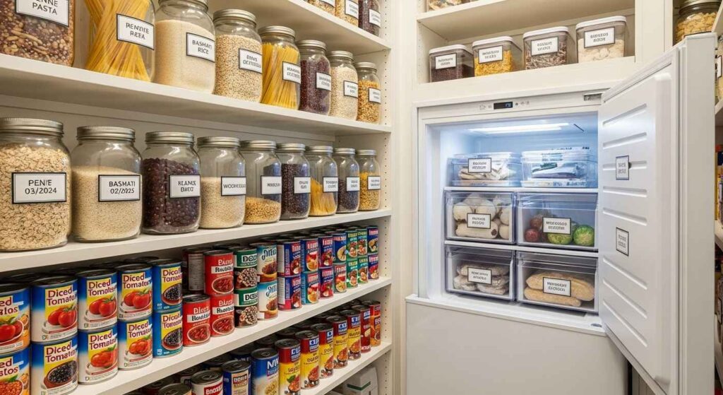 Pantry shelves with neatly arranged canned goods, frozen foods, and preserved items with clear labels