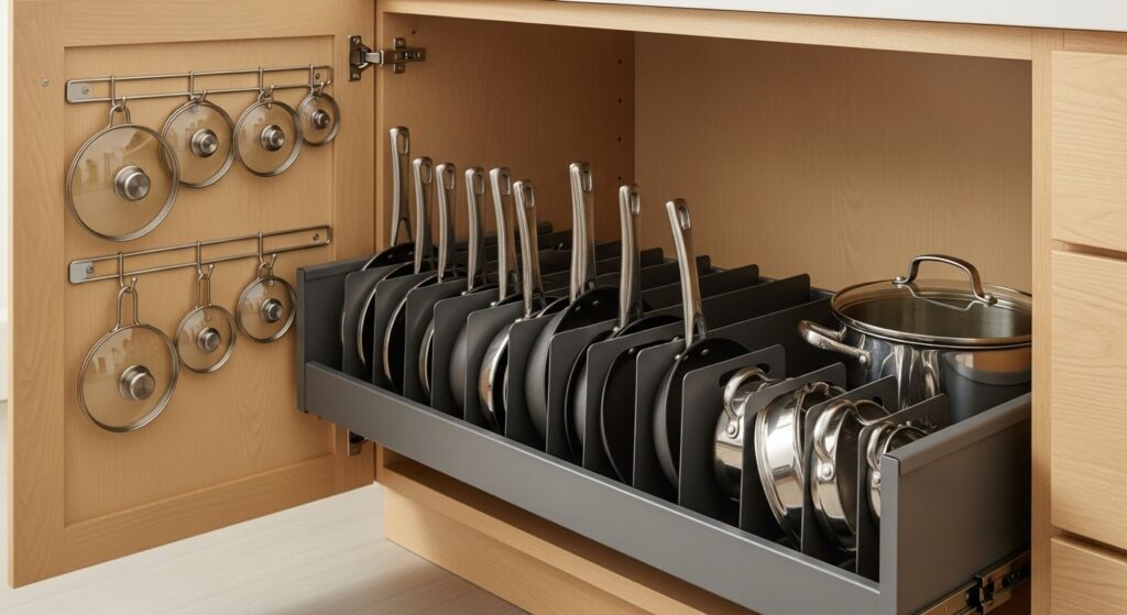 Kitchen cabinet with organized pots and pans using racks