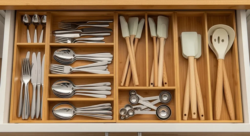 Organized kitchen utensil drawer with dividers