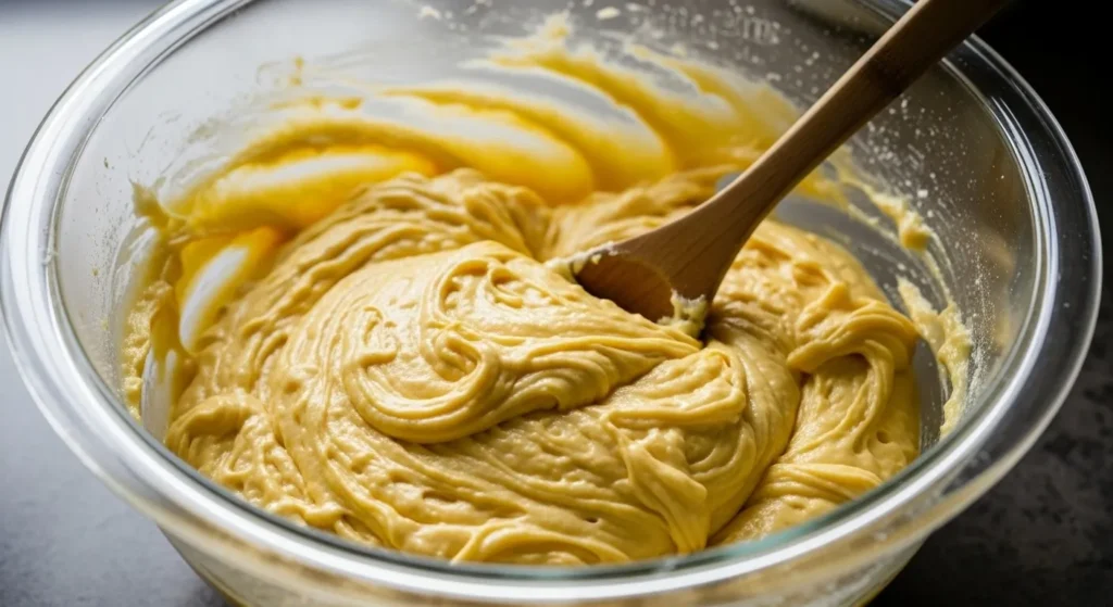 Close-up of lumpy overmixed cake batter in bowl