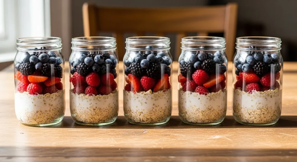 Five glass jars filled with layered overnight oats and berries.