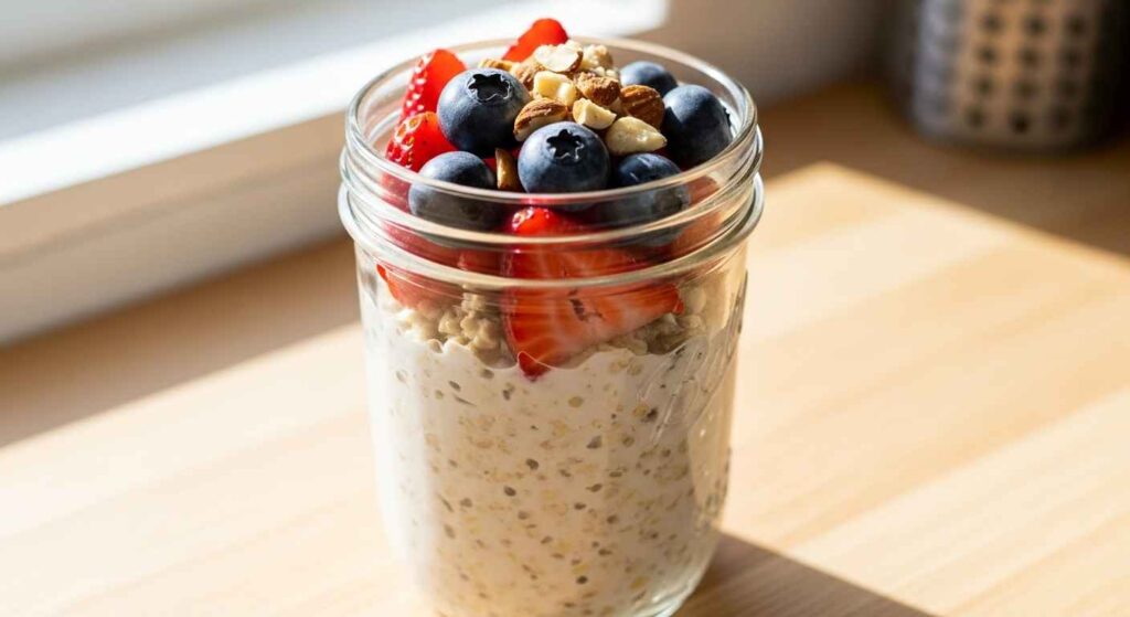 Glass jar of creamy overnight oats topped with berries and nuts.