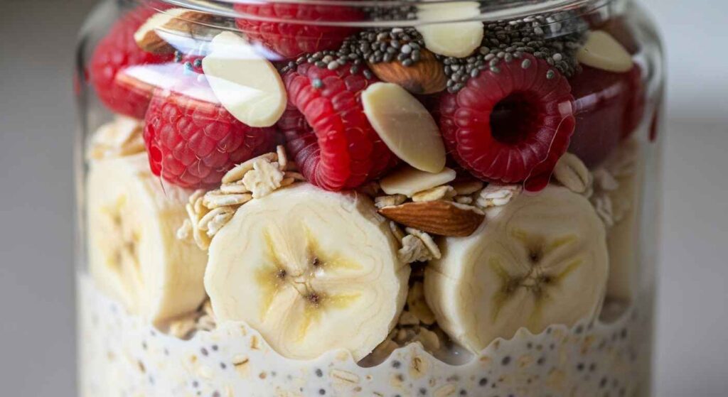 Overnight oats in a jar with layers of fruit, nuts, and seeds.