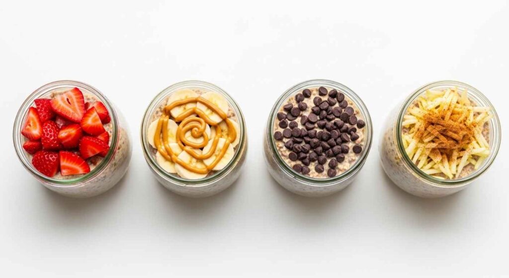 Assortment of overnight oats jars with berry, peanut butter, chocolate, and apple toppings.