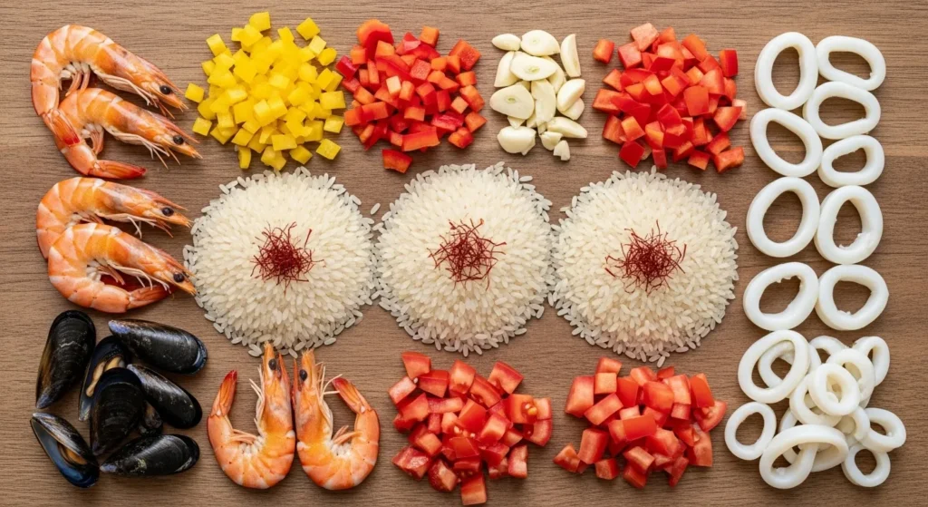 Fresh shrimp, mussels, calamari, saffron, and Bomba rice on a wooden table.