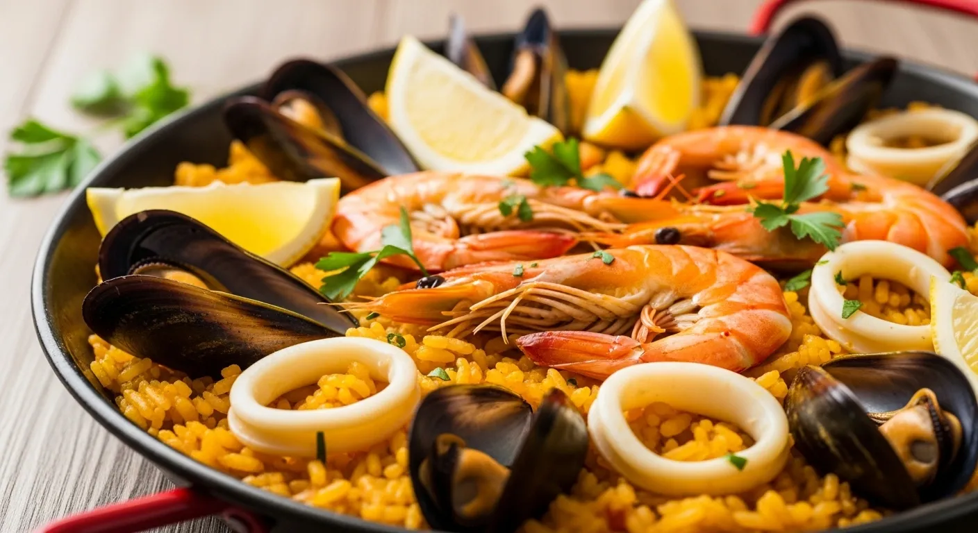Vibrant seafood paella with shrimp and mussels in a skillet.