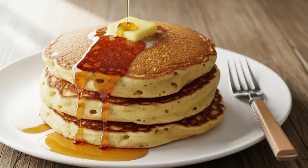 Stack of fluffy pancakes with maple syrup on a white plate.