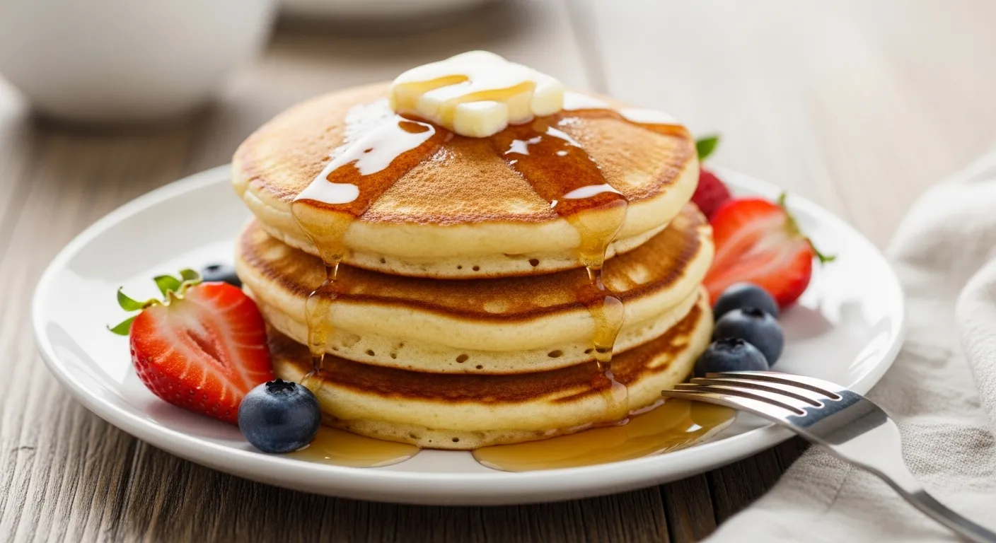 Golden fluffy pancakes with maple syrup and berries on a plate.