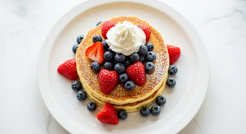 Fluffy pancakes with fresh strawberries and whipped cream.