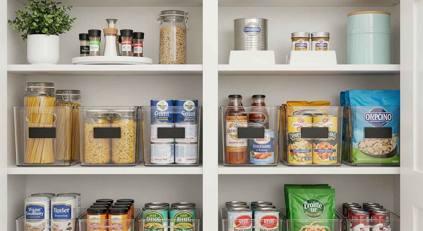 Professional thumbnail of organized kitchen pantry for blog post.