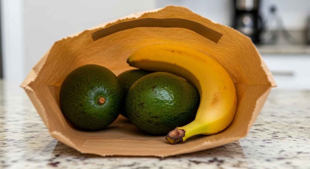 Brown paper bag holding avocados and a banana for ripening.