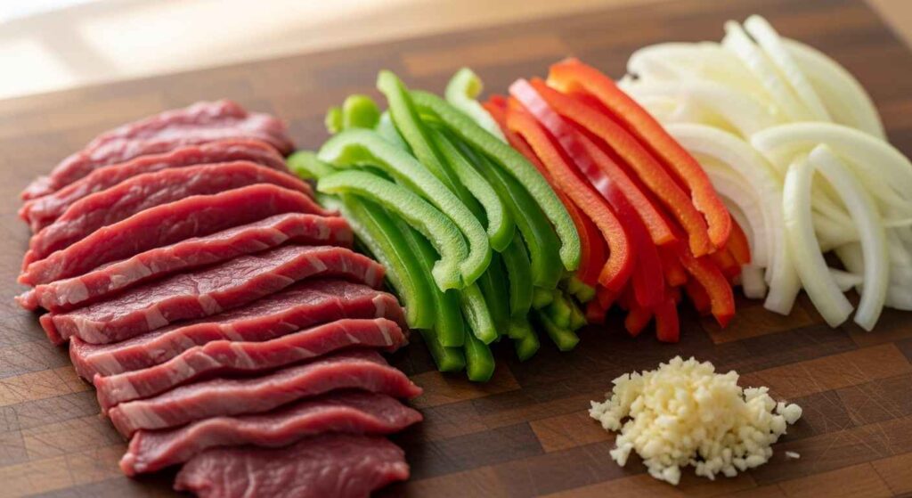 Sliced flank steak, bell peppers, onion, and garlic on a cutting board.