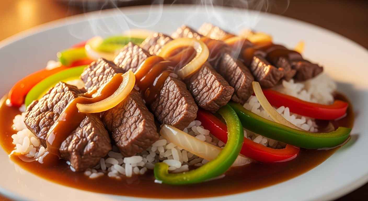 Close-up of quick pepper steak recipe with peppers and gravy.