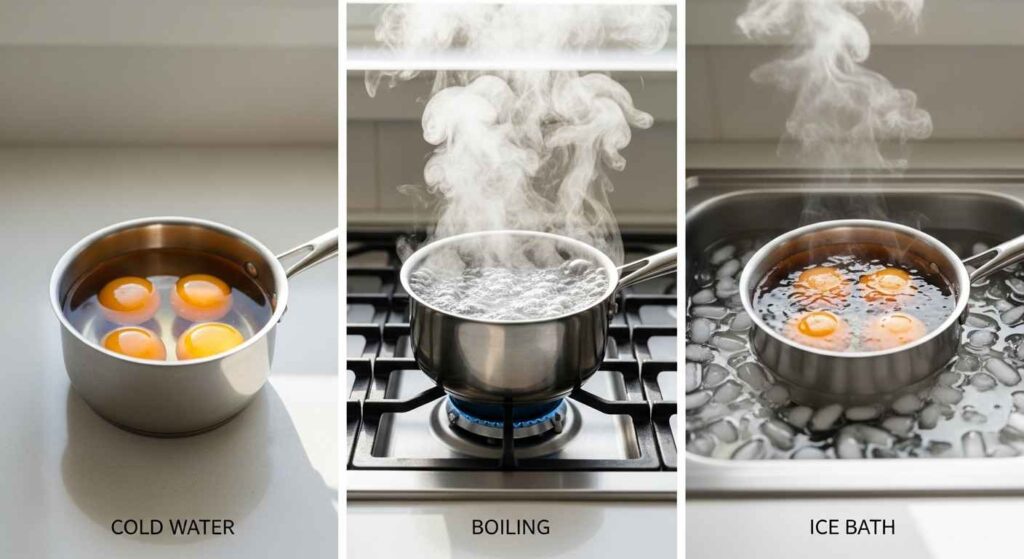 Hard-boiled eggs cooking method showing saucepan with eggs in cold water and ice bath cooling