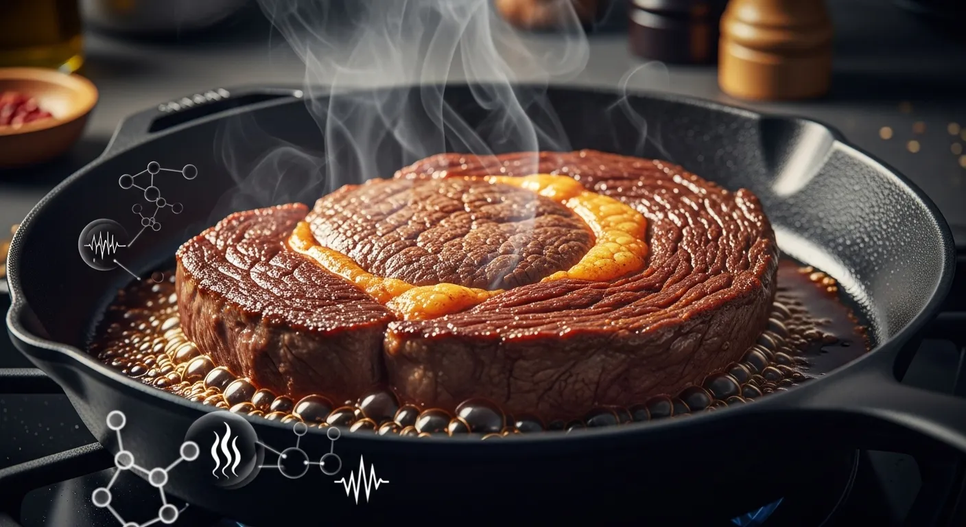 Thumbnail of ribeye steak searing in pan showing golden crust.