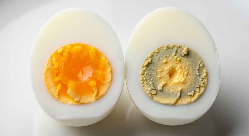 Comparison showing perfect yellow yolk next to egg with green ring around yolk