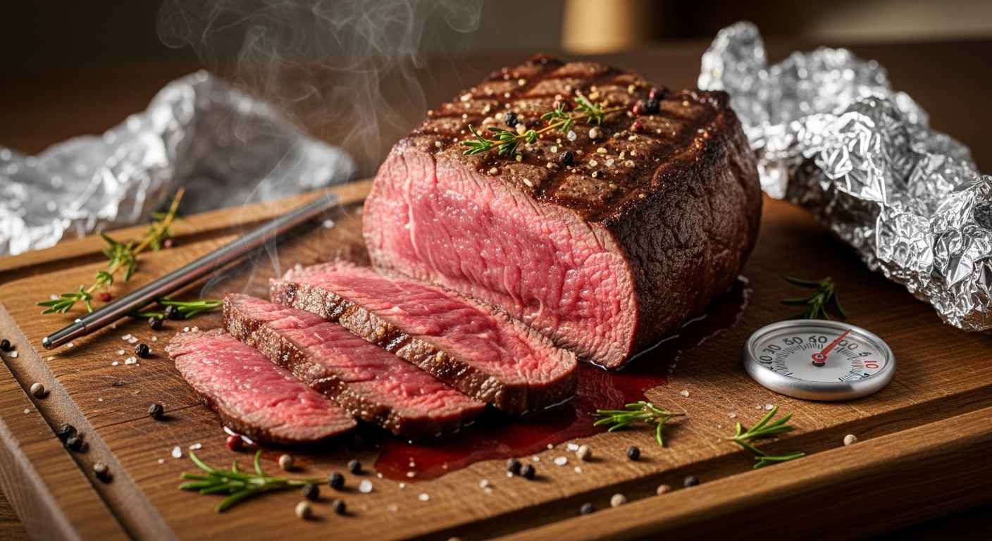 Cross-section of properly rested steak showing retained juices and perfect doneness on wooden cutting board