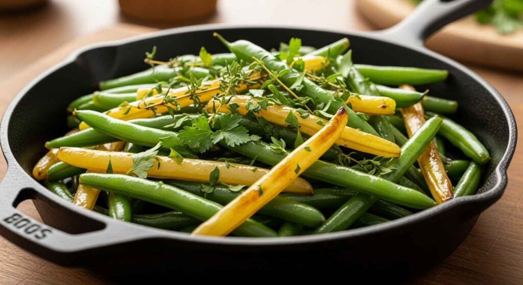 Close-up of seasoned green beans in a cast iron skillet with fresh herbs and golden caramelized edges