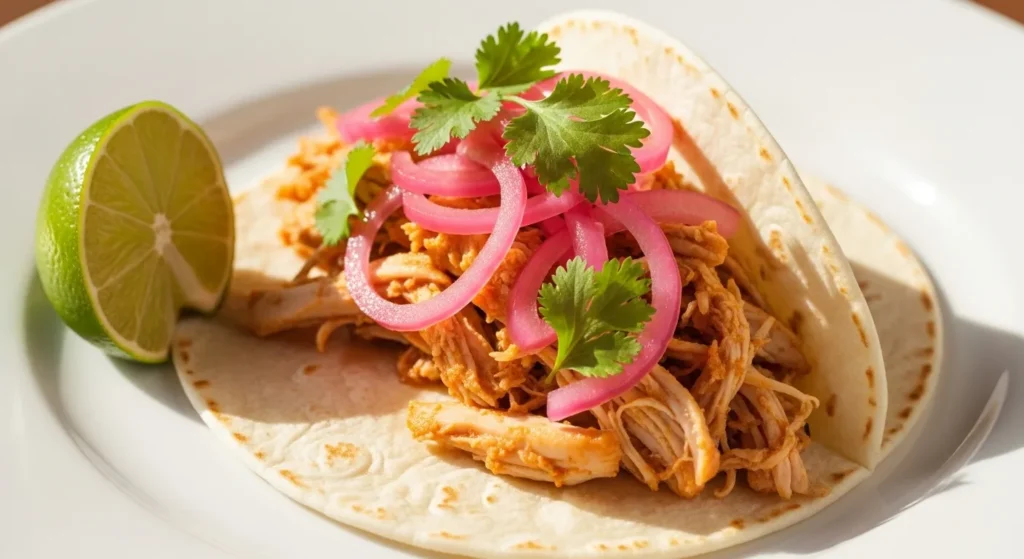 Quick pickled red onions on a chicken taco for added crunch.