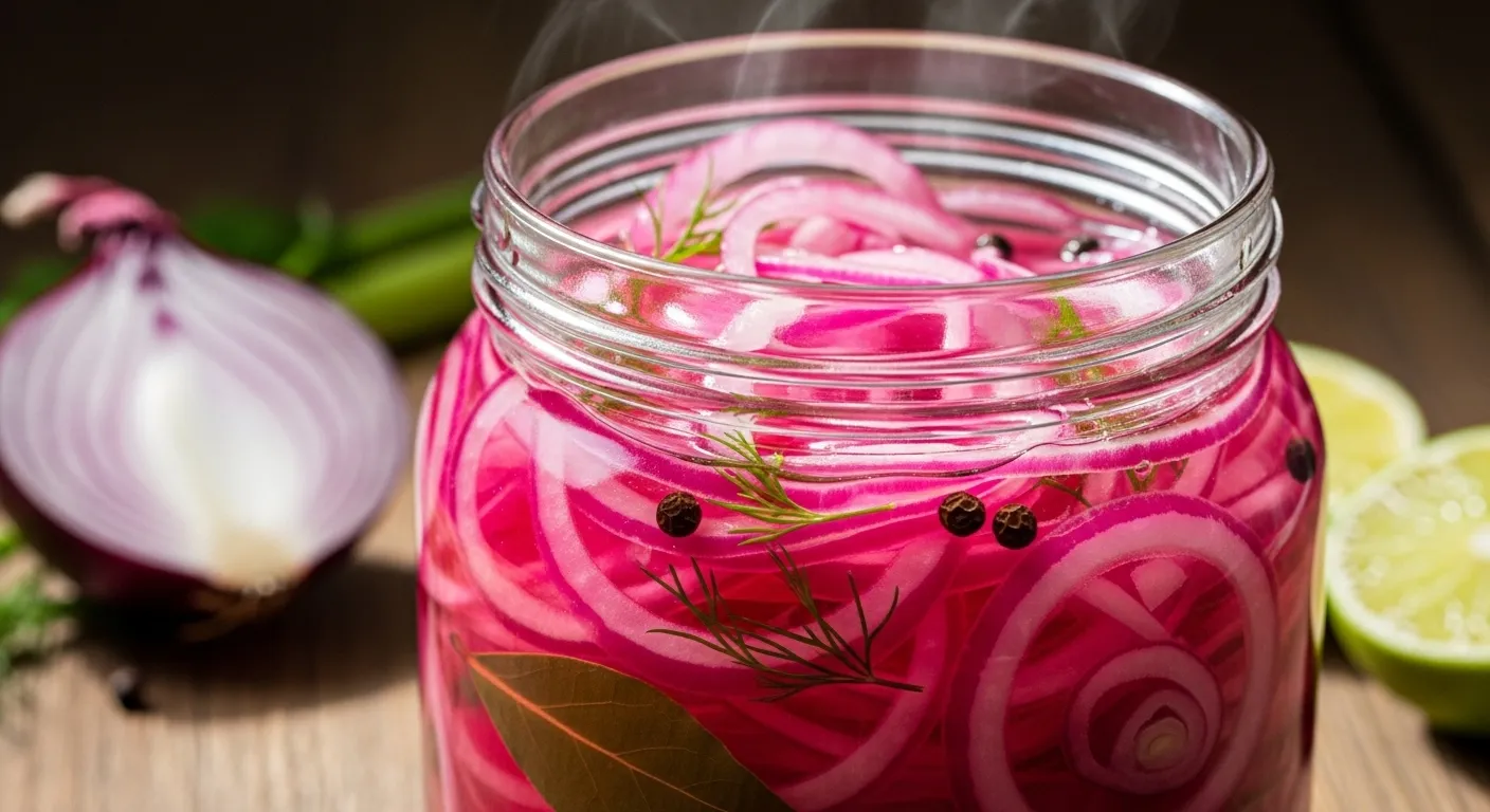 Vibrant quick pickled red onions in a glass jar for recipe thumbnail.
