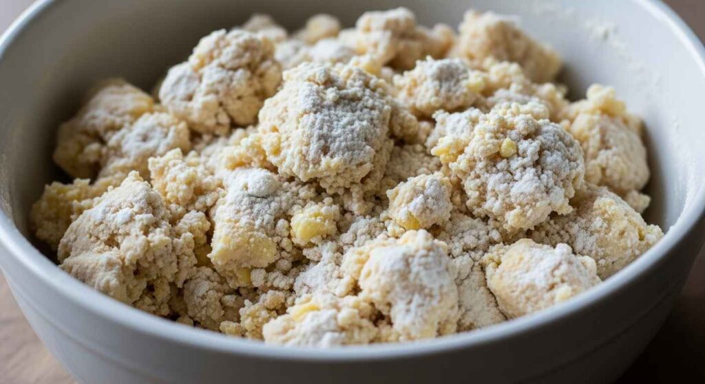 Crumbly pie dough with butter pieces.