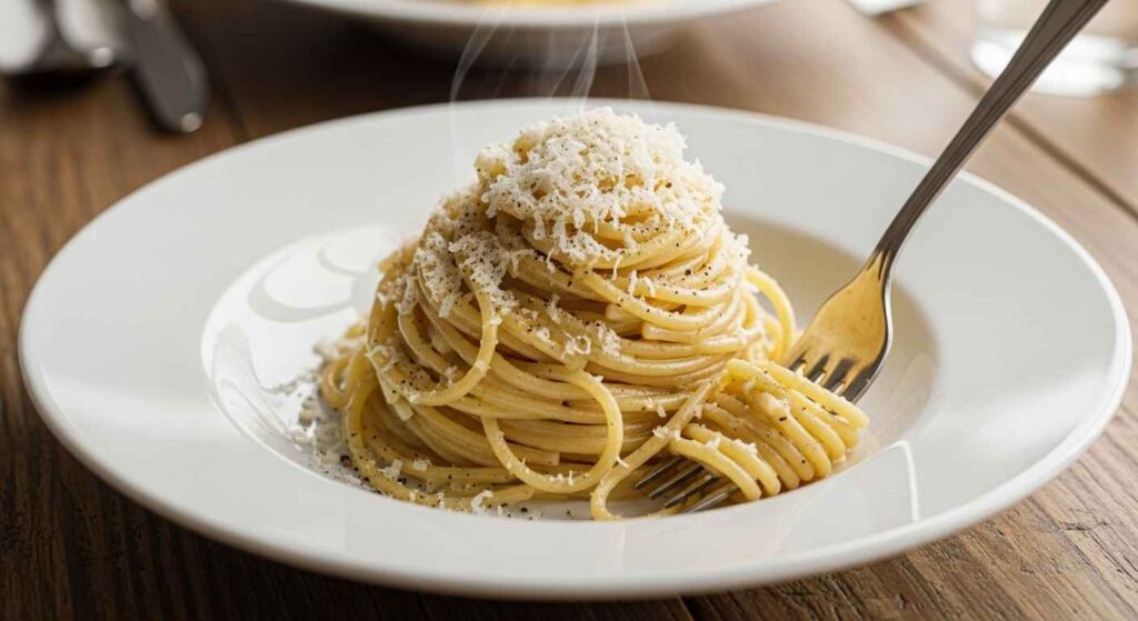 Plated Stanley Tucci cacio e pepe pasta with cheese and pepper.