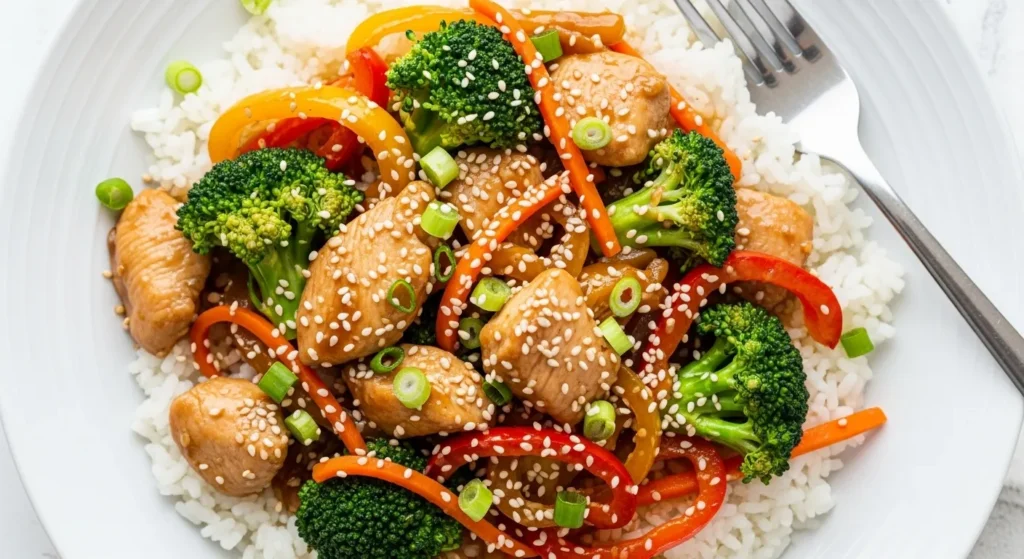 Chicken stir fry with veggies on a plate with rice, garnished with sesame seeds.