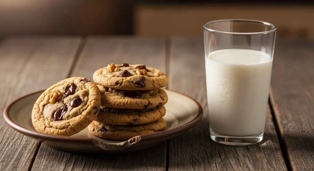A plate of chocolate chip walnut cookies next to a glass of milk.