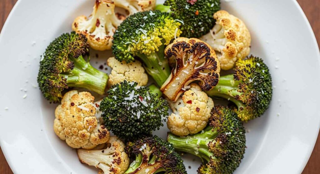 Finished garlic roasted broccoli and cauliflower on a plate.