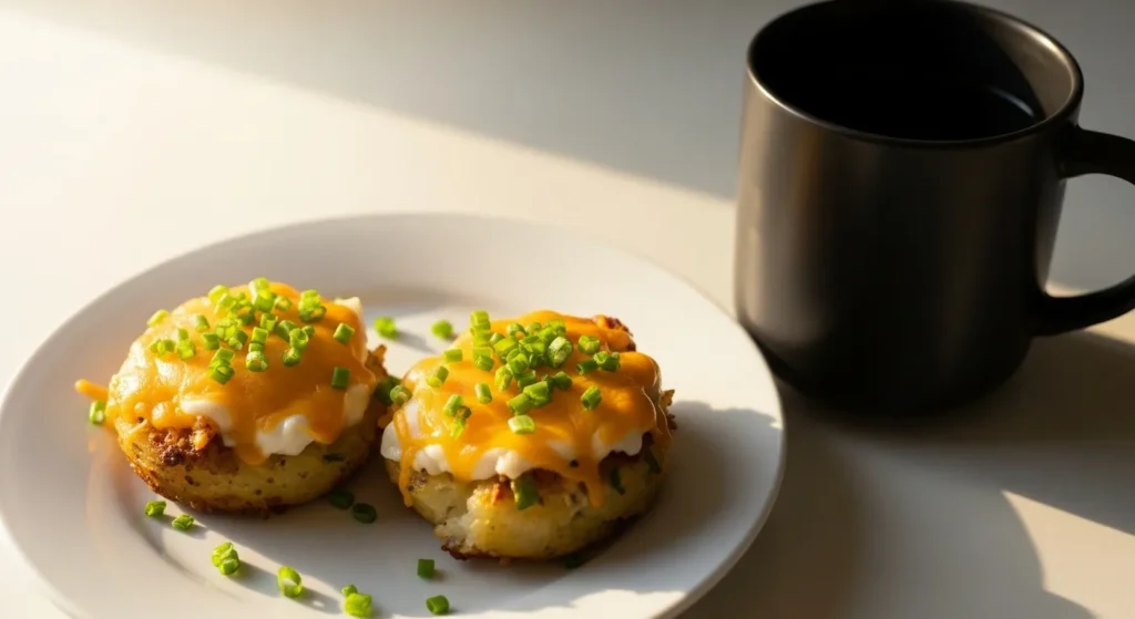 Two potato chive bakes on a white plate next to a coffee mug.