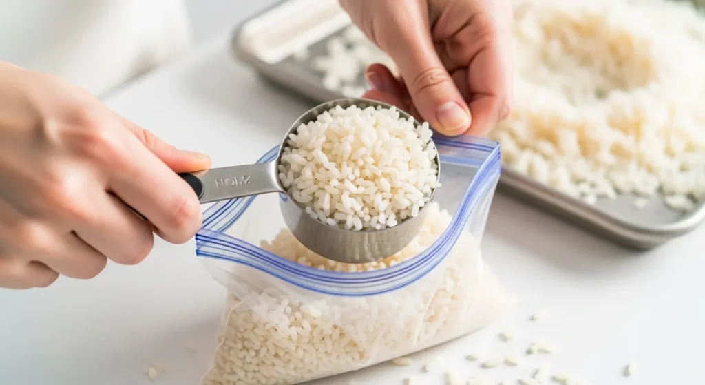 Person scooping cooked rice into freezer bags on a kitchen counter.