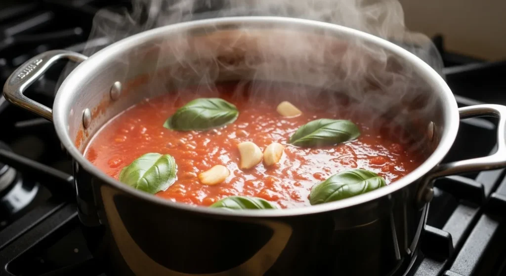 Red tomato sauce bubbling in stainless steel pot