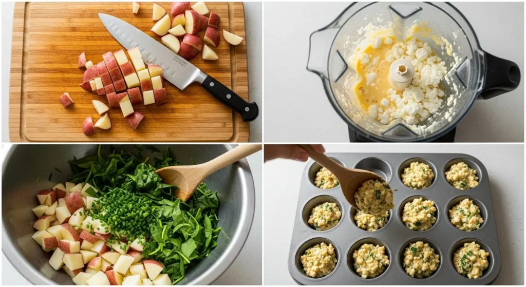 Collage of dicing potatoes, blending eggs, and filling muffin tin.