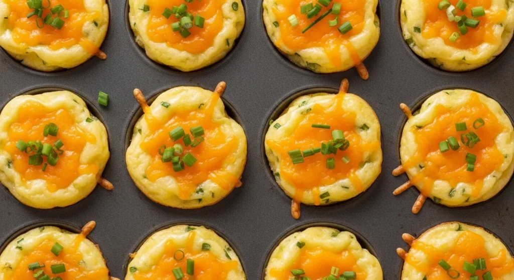 Golden potato cheddar chive bakes in a muffin tin.