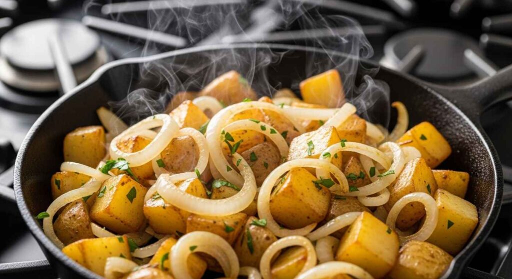 Cooked diced potatoes and onions in a pan.